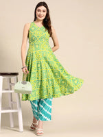 Deep back tie up kurta palazzo in Lime Green