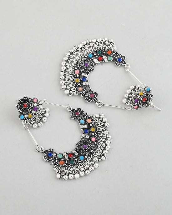 Silver-Plated multi Colour Flower Oxidized Shaped Drop Earrings-VOJ357