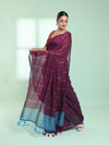 Dark Purple Half & Half Cotton Saree With Zari Stripes-MA59CT06540008