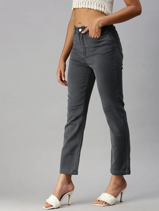 Women's Grey Solid Straight Fit Denim Jeans-IM-9795B-Grey