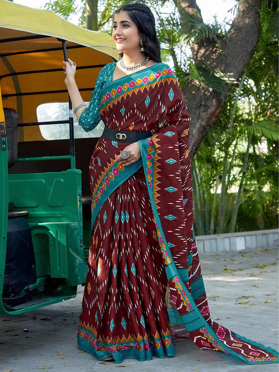 Saree Mall Women's Cotton Brown Printed Designer Saree With Blouse Piece-MINAXI3802