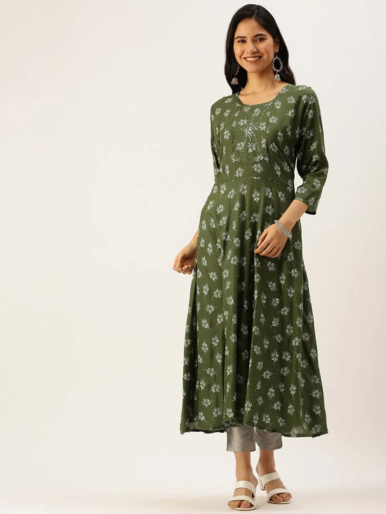 Women's Green Printed A-Line Kurtas-HO-421-Green