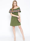 Off shoulder mini dress with print on the frill in Green