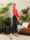 Women Red & Black V Neck Belted Wrap Jumpsuit