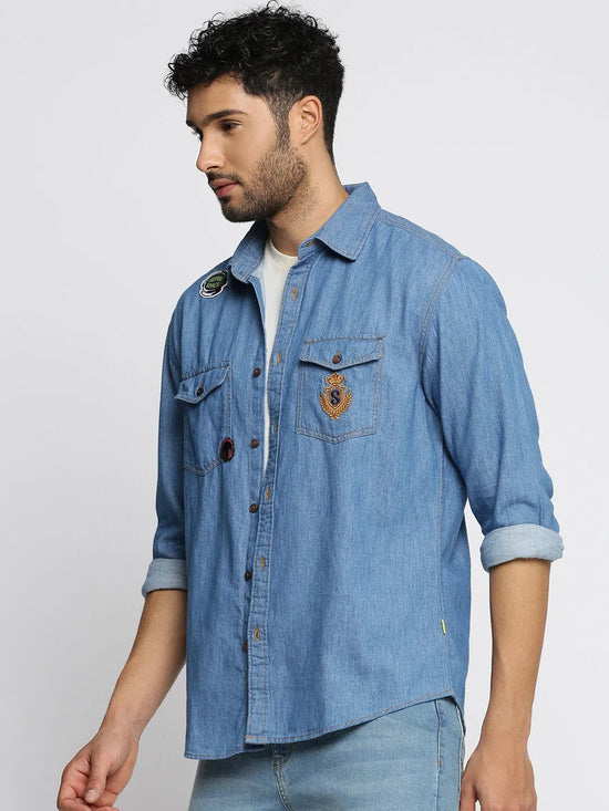 Men Blue Spread Collar Solid Oversized Shirt-SPACEDENIM-4912A-Blue