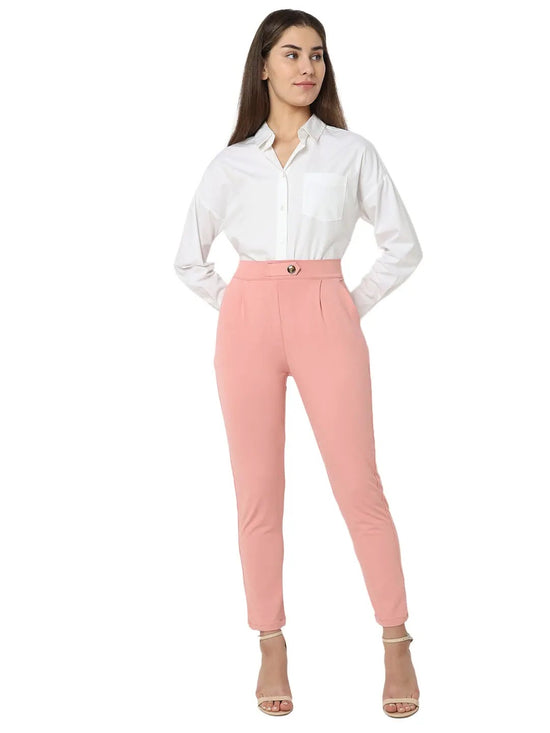 Smarty Pants Women's Cotton Lycra High Raise Waist Ankle Length Rose Gold Formal Trouser