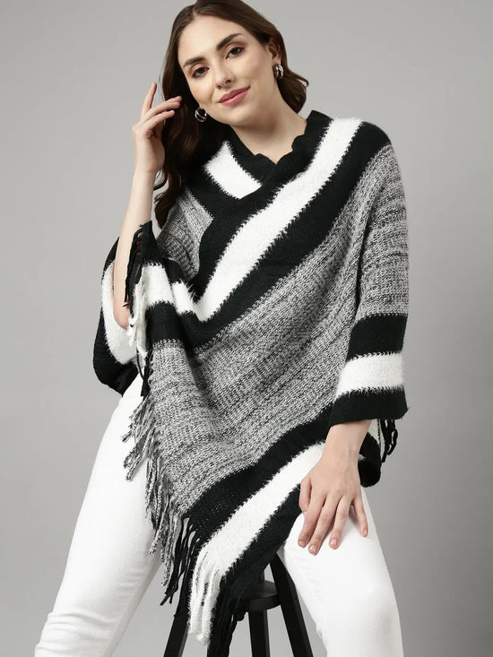 Women Striped Black Longline Poncho-CHN-9861-Black