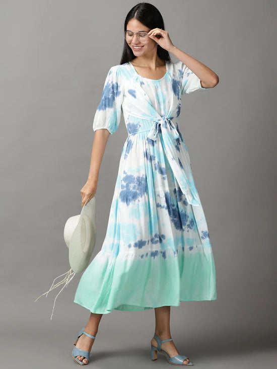 Women's White Tie Dye Fit and Flare Dress-ON-605-Whitenavyblue