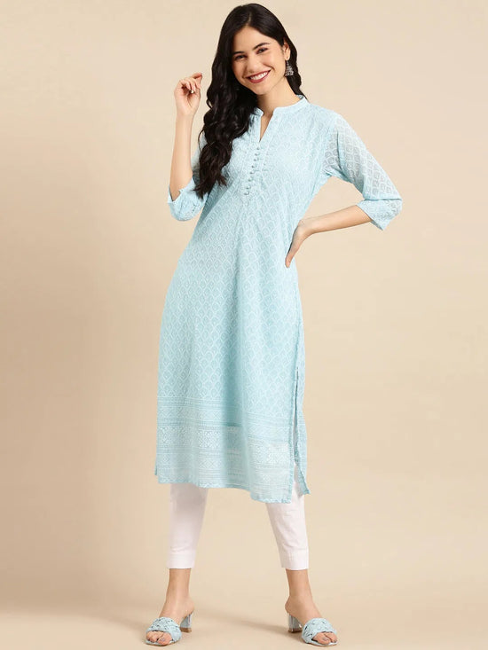 Women's Blue Embroidered Straight Kurta-SKC-3333-Blue