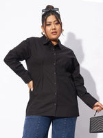 Women Black Poplin Pleated Slim Waist Shirt