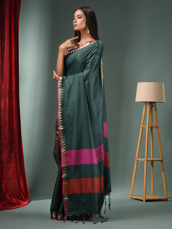 Emerald Green Blended Silk Handwoven Saree With Temple Zari Border-MA50BSL01660149