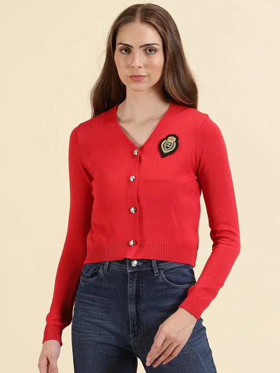 Women's Red Solid Front-Open Sweater-CHN-82008-Red