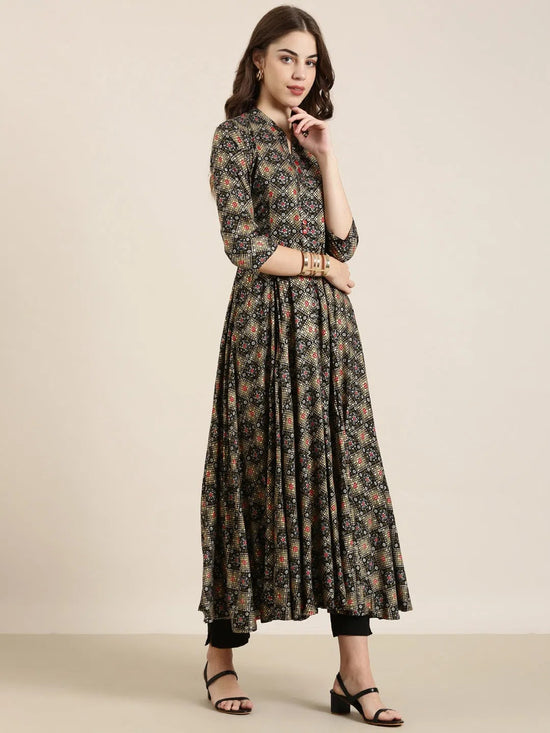 Women Black Printed Anarkali Kurta-AT-A914-LG-Black