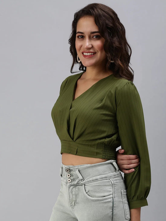 Women's Olive Striped Top-AE-10314-Olive