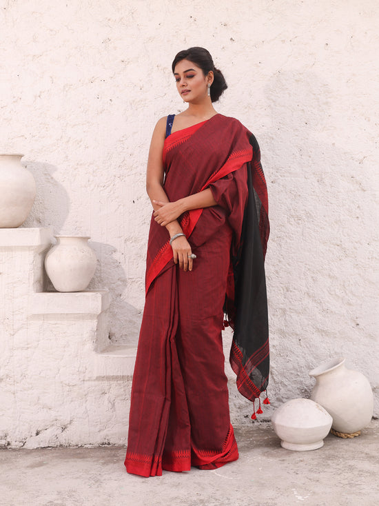 Dark Red Pure Cotton Saree With Temple Border-MA54CT33440075