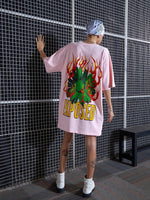 Women Pink Flower Printed Oversized T-Shirt Dress