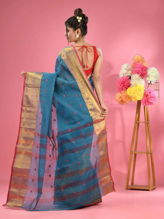 Olympic Blue Pure Cotton Tant Saree With Zari Border-MA51TT43540052