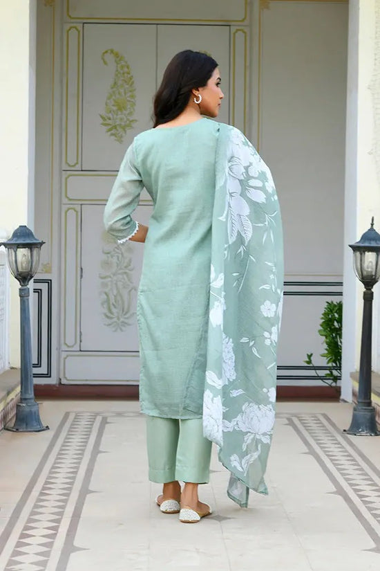 Vaasva Women Green Kota Doria Embroidered Solid Kurta Set With Solid Pants & Printed Dupatta-144-Vaas-Green