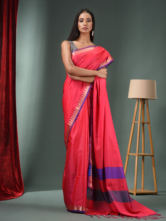 Hot Pink Blended Silk Handwoven Saree With Temple Zari Border-MA50BSL01660150