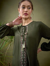 Women Olive Front Embroidered Shirt With Palazzos