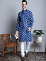 Men Navy and White Floral Printed Kurta with Churidar-JOKP-650Navy