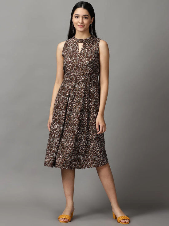 Women's Coffee Brown Floral Fit and Flare Dress-AE-15707-Coffeebrown