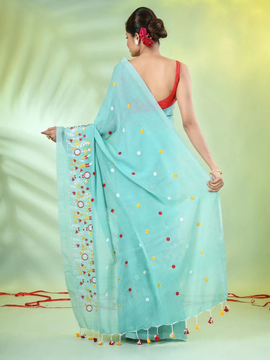 All Over Thread Floral Embroidery Sea Green Cotton Saree-MA62CT33610074