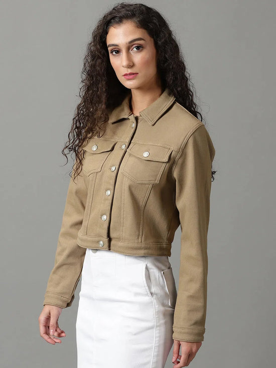 Women's Khaki Solid Denim Jacket-IM-10534-Khaki