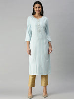 Women's Blue Striped Straight Kurta-HO-346-Blue