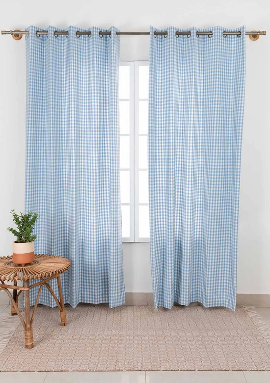 Gingham Woven 100% cotton geometric curtain for living room - Room darkening - Powder Blue - Pack of 1-230821166