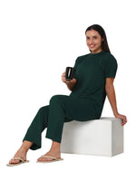 Smarty Pants Women's Cotton Rib Bottle Green Color Round Neck Night Suit