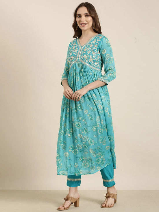 Women Anarkali Blue Floral Kurta and Trousers Set Comes With Dupatta-AT-A1376-KPD-Blue