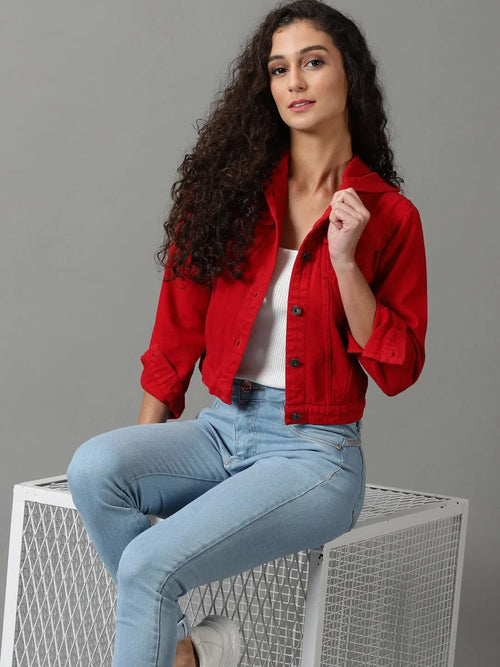 Women's Red Solid Denim Jacket-AE-9511-Red