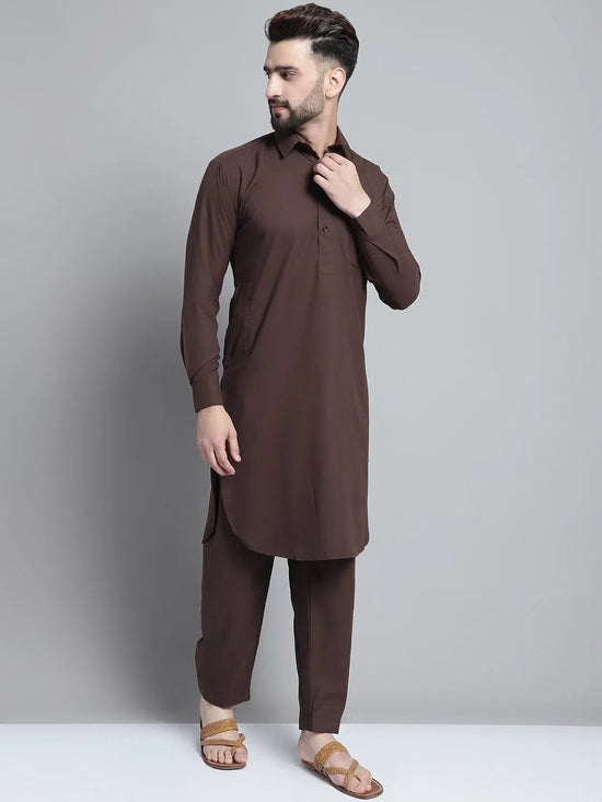 Men's Coffee Brown Cotton Solid Pathani Kurta with Salwar-JOKP-696Coffee