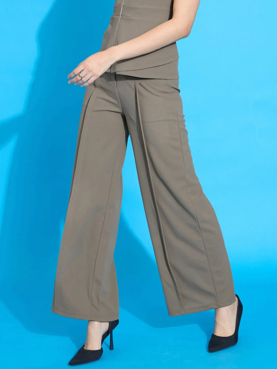 Women Beige Front Pleated Straight Fit Trousers