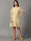 Women's Yellow Printed Fit and Flare Dress-HQ-6-Yellow