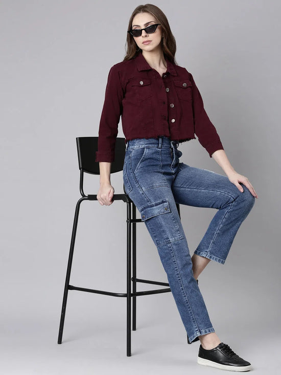 Women Maroon Solid Denim Jacket-AE-0001-Maroon