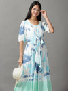 Women's White Tie Dye Fit and Flare Dress-ON-605-Whitenavyblue