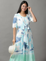 Women's White Tie Dye Fit and Flare Dress-ON-605-Whitenavyblue