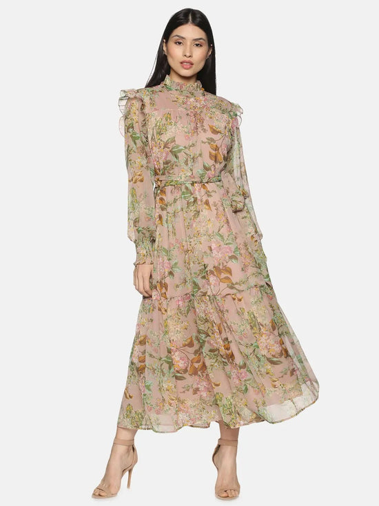 Beige Floral Tiered Midaxi Dress-17177