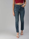 Women's Blue Solid Denim Straight Jeans-GZ-5127B-Blue