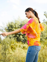 Double layered frill sleeve top in Yellow Print