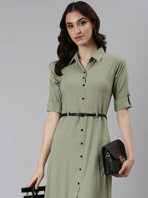 Women Green Solid A-Line Dress-DF-4784-Green