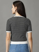 Women's Black Striped Fitted Top-RY-3179-Black