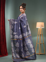 Grey Blended Silk Handwoven Saree With Paisley Border-MA50BSL34710008