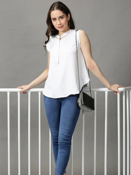 Women's White Striped Top-AE-10367-White