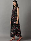 Women's Black Floral Fit and Flare Dress-AE-15747-Black