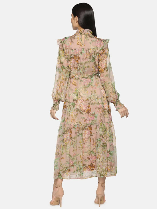 Beige Floral Tiered Midaxi Dress-17177