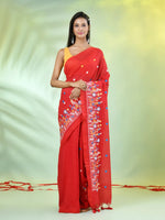 All Over Thread Floral Embroidery Red Cotton Saree-MA62CT33610078