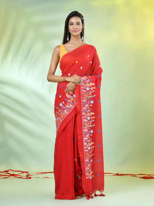 All Over Thread Floral Embroidery Red Cotton Saree-MA62CT33610078